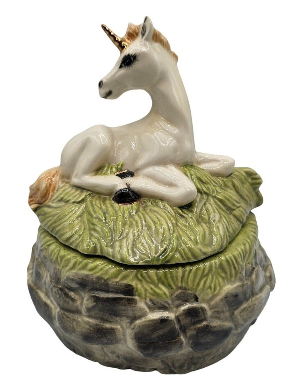 Vintage White Unicorn Ceramic Music Trinket Box Taiwan Wind Up Base